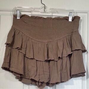 American Threads Boho Smocked Skort Ruffle Tiered Mini Shorts Brown Tan Small